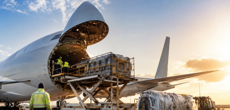 Chargement urgent de fret industriel dans un avion cargo pour une livraison critique