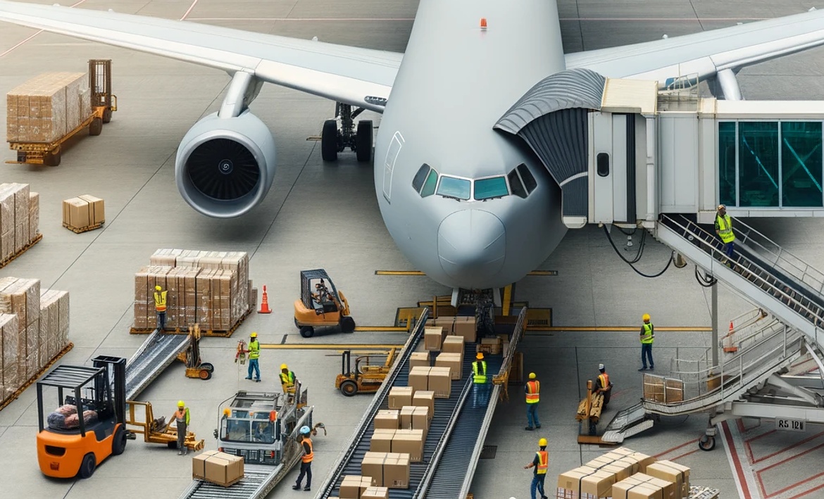Avion cargo lors du chargement de fret aérien avec différents colis